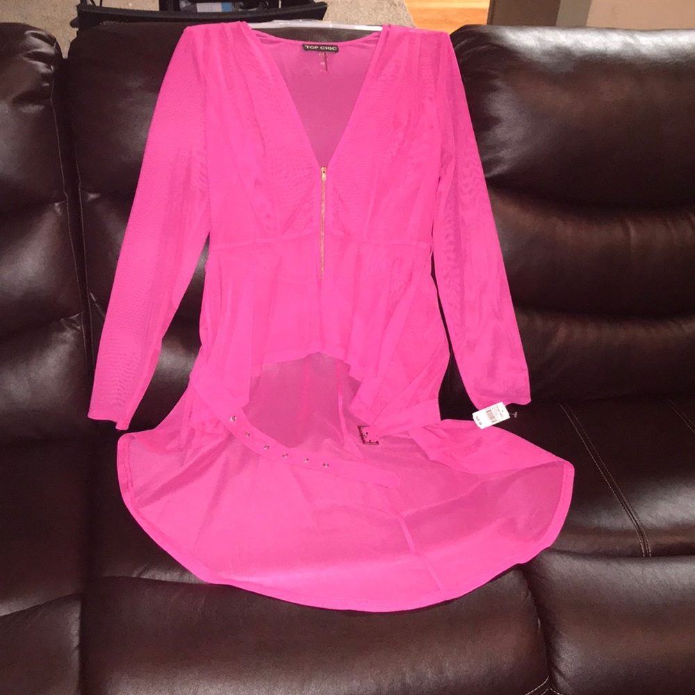 Hot pink long sleeve mesh top with belt